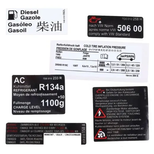 VW Bus T4 Aufkleber-Set Kühlmittel Reifendruck Zahnriemen AC853973
